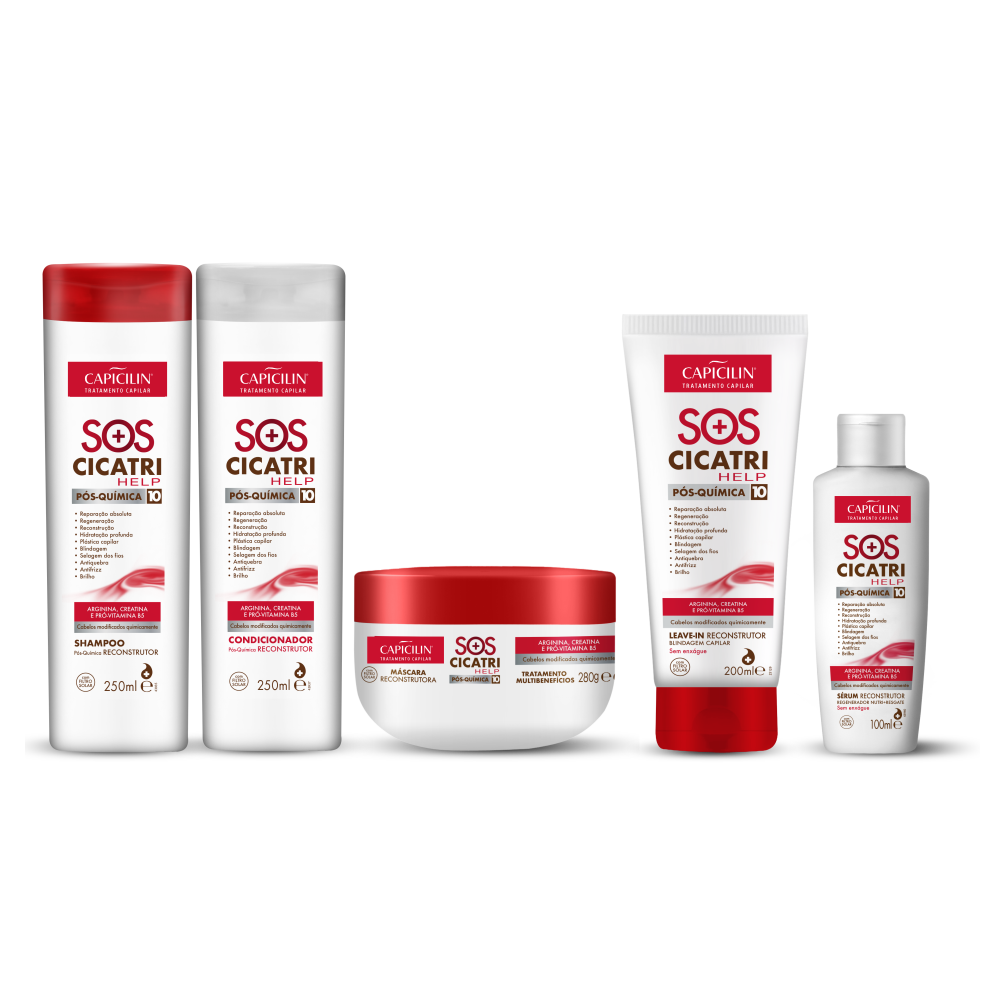 Kit SOS Cicatri Help - Completo, Shampoo 250 + Condicionador 250ml + Máscara 280g + Leave in  200ml + Sérum 100ml