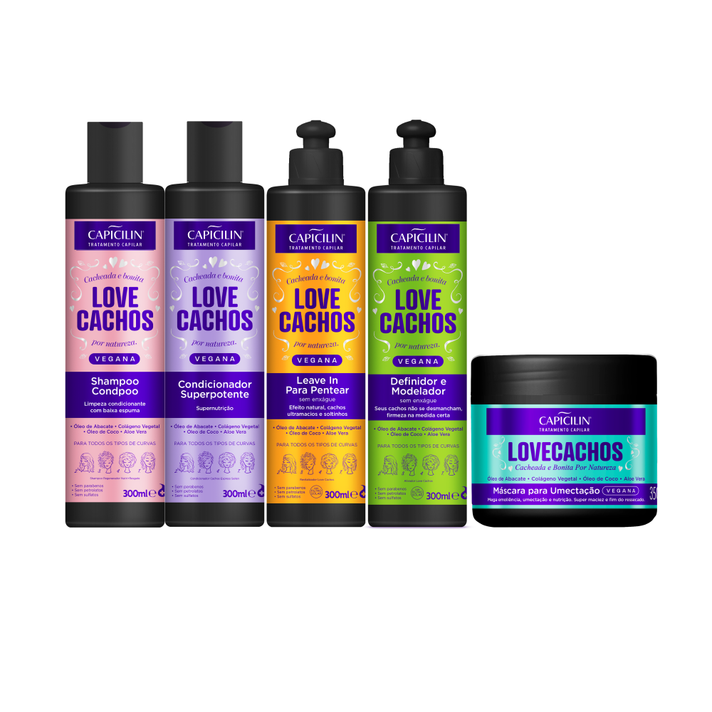 Kit Love Cachos - Completo, Shampoo Condpoo 300ml + Condicionador 300ml + Leave in 300ml + Definidor e Modelador 300ml + Máscara 350g