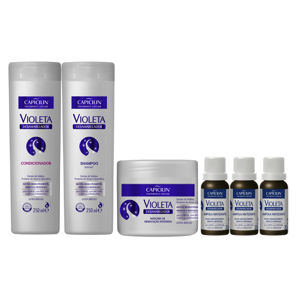 Kit Desamarelador Violeta - Completo, Shampoo 250ml + Condicionador 250ml + Máscara 350g + Ampola Matizante 3x20ml