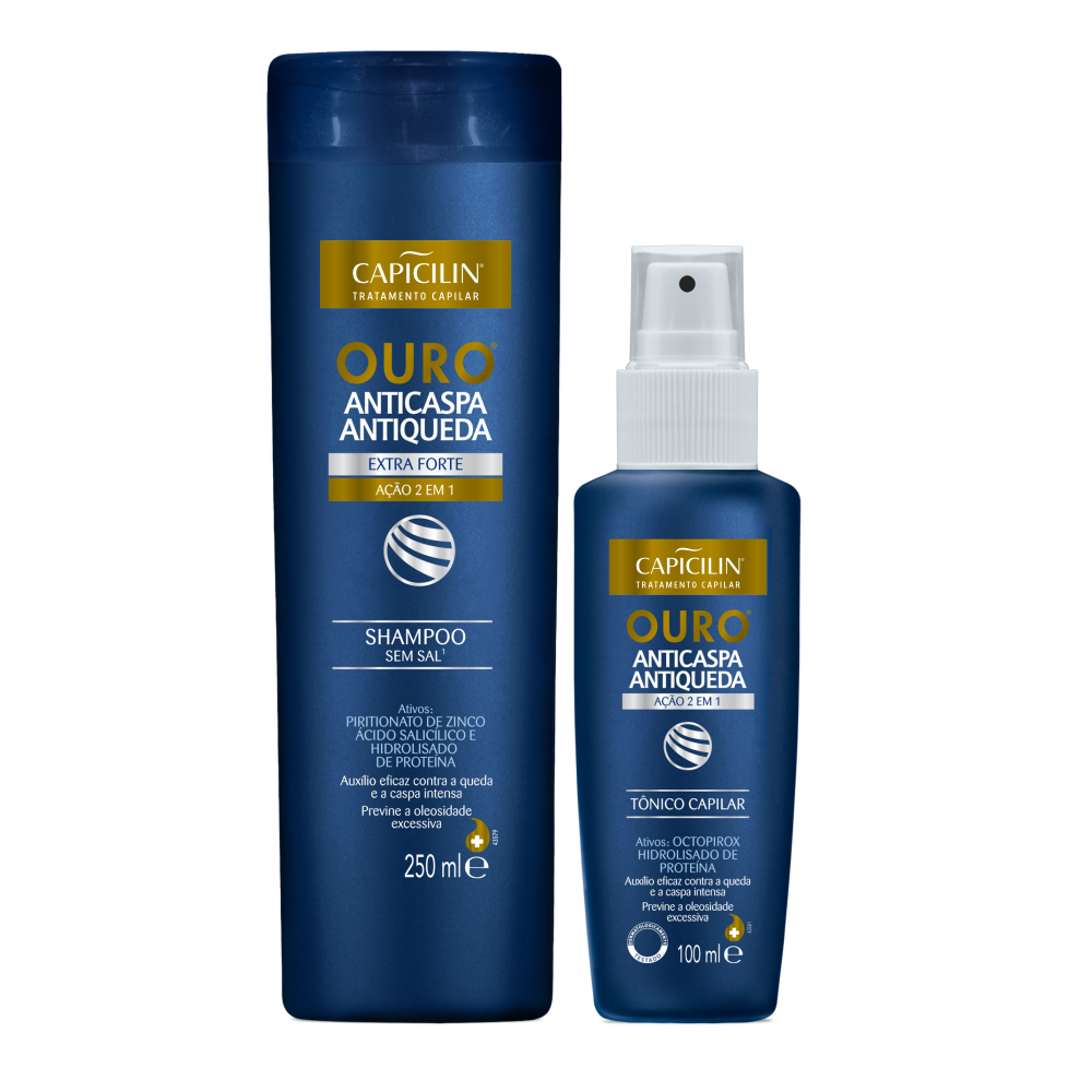 Kit Ouro Anticaspa e Antiqueda - Shampoo 250ml + Tônico 100ml