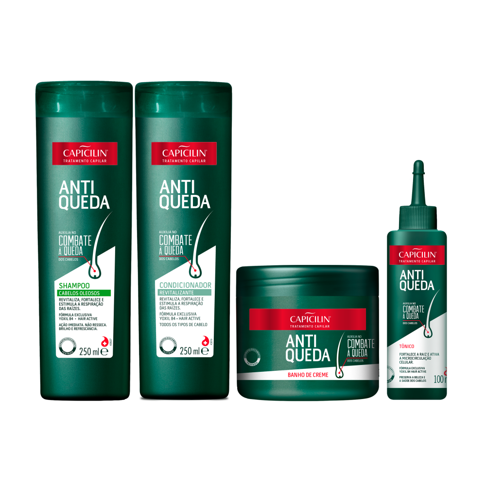 Kit Antiqueda Cabelos Oleosos - Completo, Shampoo 250ml + Condicionador 250ml + Banho de Creme 350g + Tônico 100ml