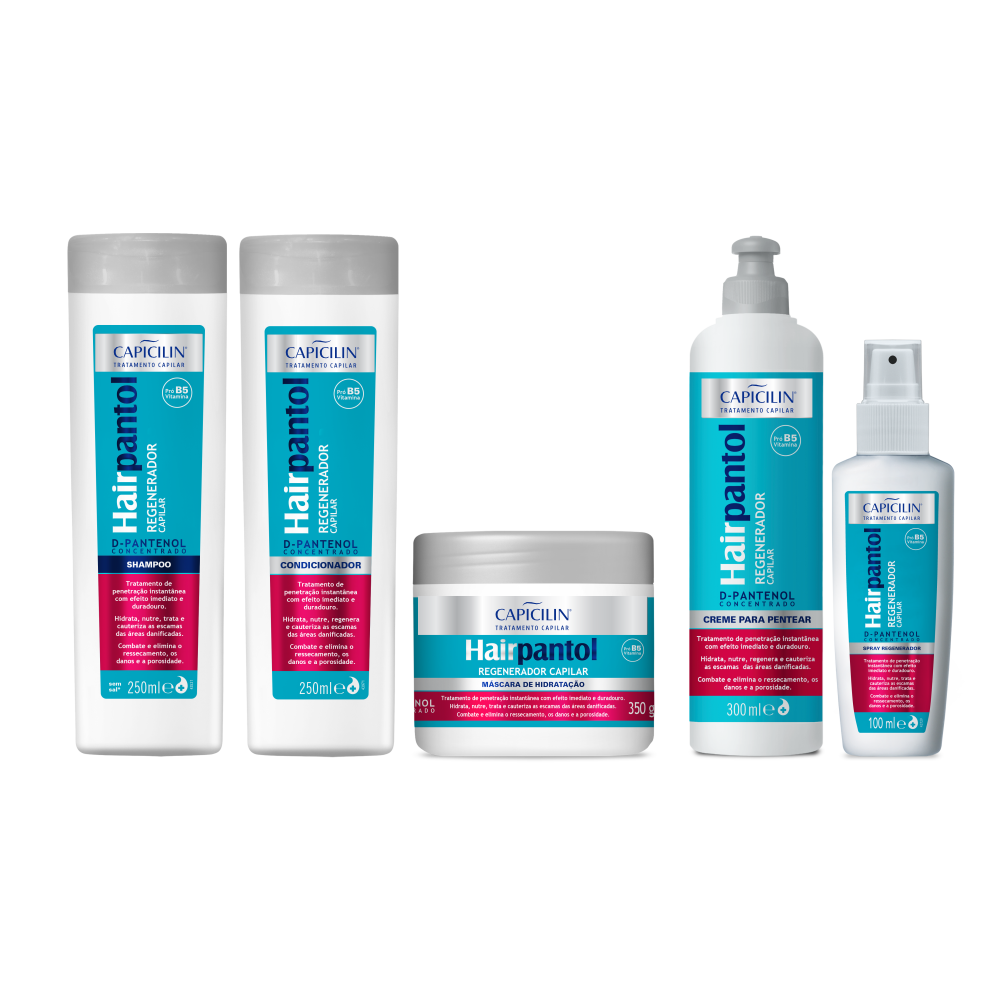 Kit Hair Pantol - Completo, Shampoo 250ml + Condicionador 250ml + Máscara 350g + Creme para Pentear 300ml + Spray 100ml