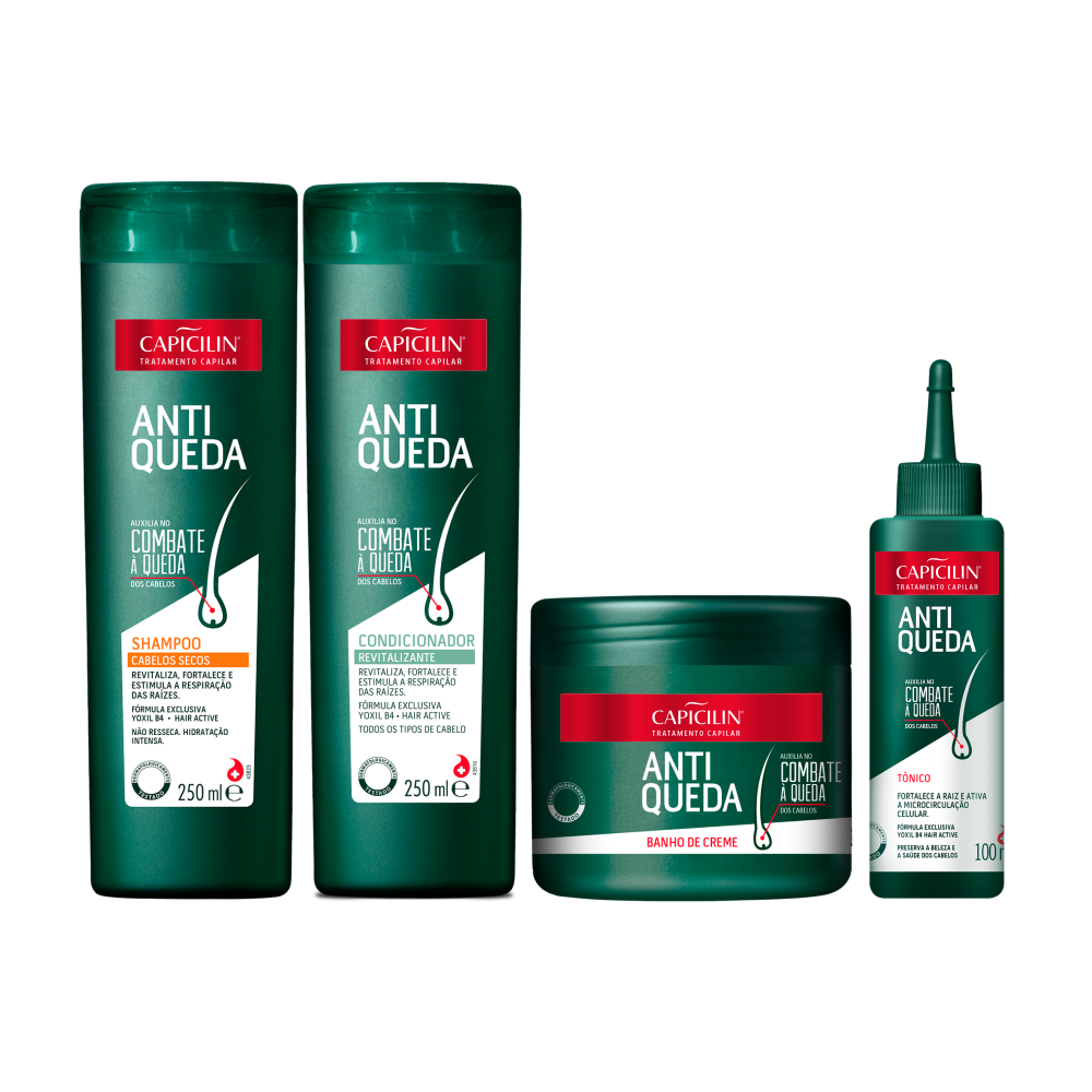 Kit Antiqueda Cabelos Secos - Completo, Shampoo 250ml + Condicionador 250ml + Banho de Creme 350g + Tônico 100ml