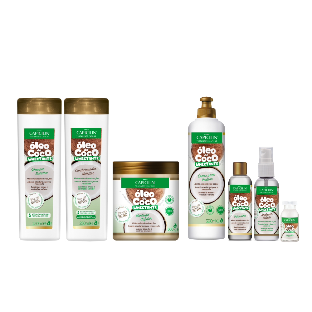 Kit Óleo de Coco - Completo, Shampoo 250ml + Condicionador 250ml + Manteiga Capilar 500g + Creme para Pentear 300ml + Puríssimo 55ml + Alinhador Selante 55ml + Ampola 18ml
