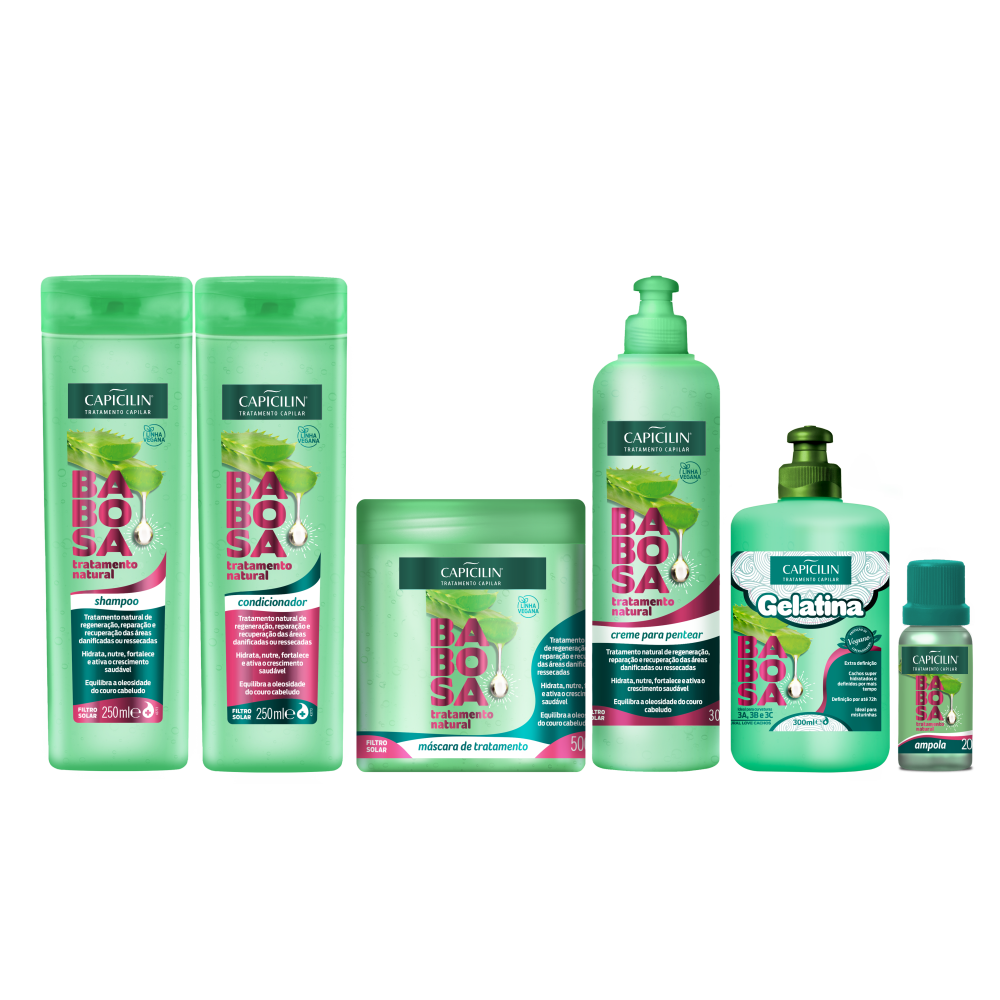 Kit Babosa - Completo, Shampoo 250ml + Condicionador 250ml + Máscara 500g + Creme para Pentear 300ml + Gelatina Colágeno 300ml + Ampola 20ml