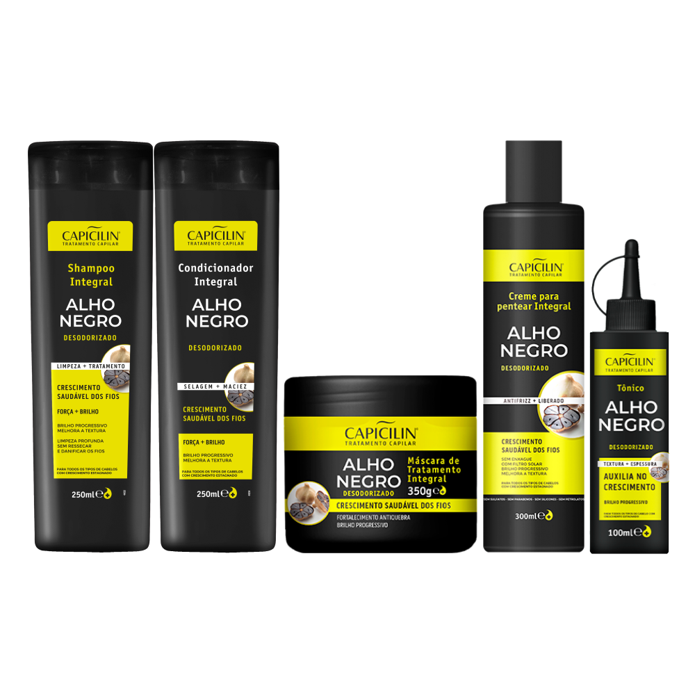 Kit Alho Negro - Completo, Shampoo 250ml + Condicionador 250ml + Máscara 350g + Creme para Pentear 300ml + Tônico 100ml