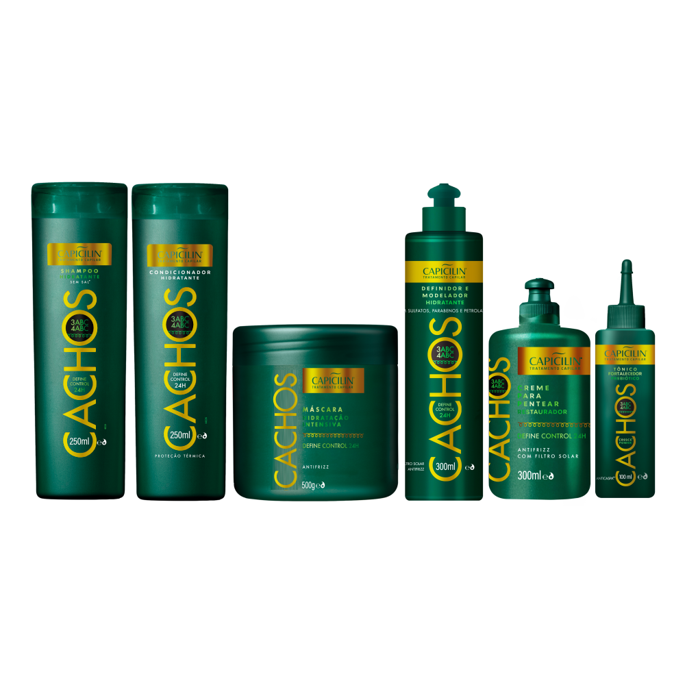 Kit Cachos - Completo, Shampoo 250ml + Condicionador 250ml + Máscara 350g + Definidor e Modelador 300ml + Creme para Pentear 300ml + Tônico Cachos 100ml