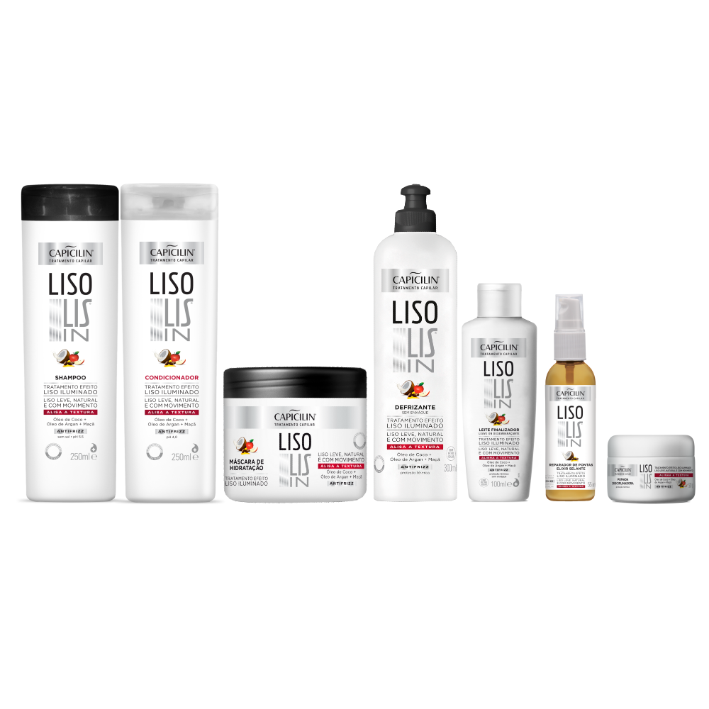 Kit Liso Lis In - Completo, Shampoo 250ml + Condicionador 250ml + Máscara 350g + Leave In 300ml + Leite 100ml + Elixir 55ml + Cera 50g