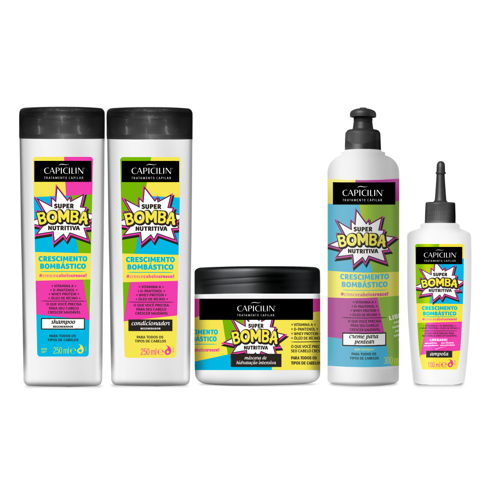 Kit Bomba - Completo, Shampoo 250ml + Condicionador 250ml + Máscara 350g + Creme para Pentear 300ml + Ampola 100ml